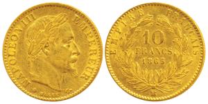 France, Napoleon III, Gold 10 Francs, 3.2g, 1865 B, obv. laureate head, rev. value within 