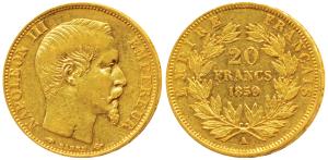 France, Napoleon III, Gold 20 Francs, 6.5g, 1859 A, Paris Mint, obv. bare head, rev. value