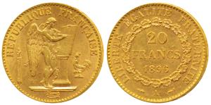 France, Gold 20 Francs, 6.45g, 1896 A Paris Mint, standing winged Genius writing the const
