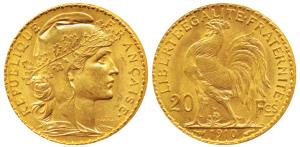 France, Gold 20 Francs, 6.45g, 1910, obv. Liberty head, rev. rooster divides value (KM 857