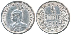 German East Africa, Wilhelm II, Silver ¼ Rupie / Rupee, 2.91g, 1910J (KM 8). Very Fine+.