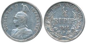 German East Africa, Wilhelm II, Silver ¼ Rupie / Rupee, 2.9g, 1914J (KM 8). Very Fine+.