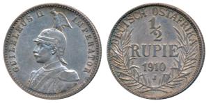German East Africa, Wilhelm II, Silver ½ Rupie / Rupee, 5.79g, 1910J (KM 9). Very Fine+, R