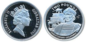 Gibraltar, Elizabeth II, Silver 2 Pounds, 9.59g, 1992, rev. Columbus and a ship in the bac
