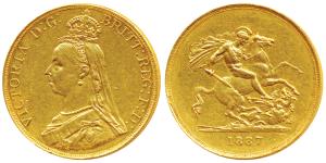 Great Britain, Victoria, Gold 5 Pounds, 40g, 1887, Jubilee head, St. George slaying a drag