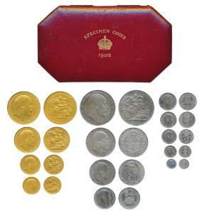 Great Britain, Edward VII, Gold and Silver, set of 13 Proof ’Long Set’, 1902, Gold 5, 2, 1