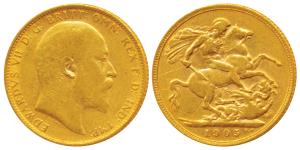 Great Britain, Edward VII, Gold Sovereign, 8g, 1905 (KM 805). About Very Fine, Rare.