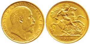 Great Britain, Edward VII, Gold ½ Sovereign, 4g, 1910, (KM 804). Very Fine+, Rare.