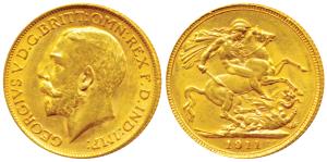Great Britain, George V, Gold Sovereign, 8g, 1911 (KM 525A). Extremely Fine.