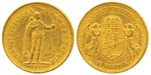 Hungary, Franz Joseph I, Gold 10 Korona, 3.37g, Magyar 1892, Emperor standing on obv., cro