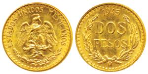 Mexico, Gold Dos or 2 Pesos, 1.68g, 1945, an eagle holding a snake in its beak (KM 461). U