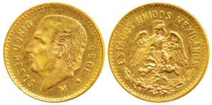 Mexico, Gold 5 Peso, 4.09g, 1955, an eagle holding a snake in its beak (KM 464). About Unc
