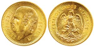 Mexico, Gold 10 Pesos, 8.36g, 1959, an eagle holding a snake in its beak (KM 473). About U