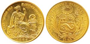 Peru, Gold 100 Soles, 46.71g, obv. seated liberty, rev. coat of arms which includes a corn