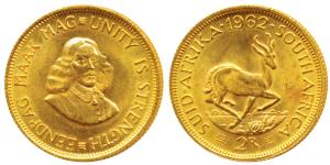 South Africa, Gold 2 Rand, 8g, Springbok on obv., Bust of Jan Van Riebeeck on rev., 1962 (
