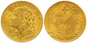Switzerland, Gold 10 Francs, 3.22g, Bern Mint, obv. draped bust of Helvetia to left, 1913 
