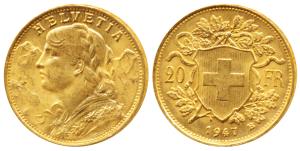Switzerland, Gold 20 Francs, 6.44g, Bern Mint, obv. draped bust of Helvetia to left and th