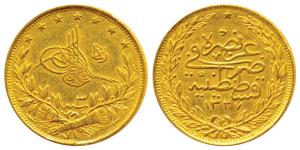 Turkey, Muhammad V, Gold 100 Kurush, 7.2g, Kosova Mint, AH 1327/3 (1909 AD), (KM 800). Ext