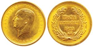 Turkey, Ataturk, Gold 100 Kurush, 7.16g, Ankara Mint, 1923 AD (KM 855). Uncirculated.