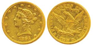 United States of America, Gold (Dollars) $10, 16.78g, 1881, Liberty head on obv., Motto ab