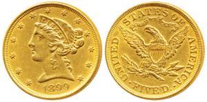 United States of America, Gold (Dollars) $ 5, 8.33g, 1899, Liberty head on obv., Motto “IN
