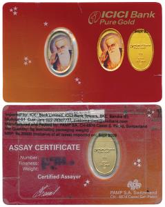Modern, Gold Token / Bar, 5g, colour portrait of Guru Nanak, issued by ICICI Bank, Pure Go