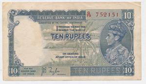 George VI, Rupees 10, 1st issue, 1938, signed J. B. Taylor, (J&R 4.5.1). Very Fine+.