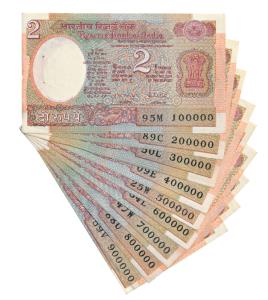 Rupees 2, signed R. N. Malhotra, set of 9 fancy numbers, 100000 – 900000 (J&R 6.2.11.1A). 