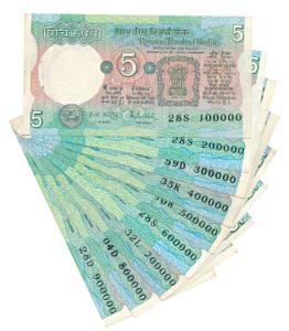 Rupees 5, signed R. N. Malhotra, set of 9 fancy numbers, 100000 – 900000 (J&R 6.3.10.1A). 