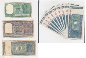 Rupees 5, 1964 P. C. Bhattacharya; Rupees 10, 1958 H. V. R. Iengar; Rupees 100, 1970 B. N.