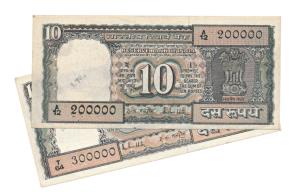 Rupees 10, signed R. N. Malhotra, 2 fancy numbers, 200000 and 300000 (J&R 6.4.10.1). About
