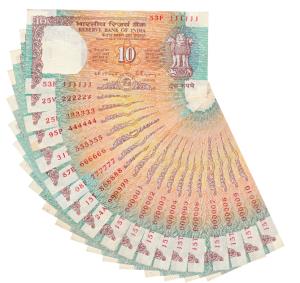 Rupees 10, signed C. Rangarajan, set of 19 fancy numbers, 000001 - 000010 and 111111 – 999