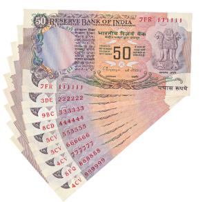 Rupees 50, signed C. Rangarajan, set of 9 fancy numbers, 111111 – 999999 (J&R 6.6.2.5C). U