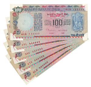 Rupees 100, signed C. Rangarajan, set of 5 fancy numbers, 111111, 444444, 555555, 888888 a