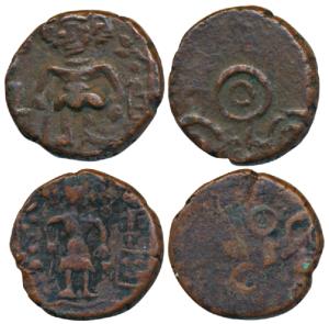 Ujjaini, Copper Unit (2), obv. three headed Kartikeya standing holding spear and kamandalu