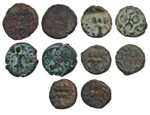 Ujjaini, Copper Unit (5), obv. three headed Kartikeya standing holding spear and kamandalu