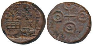 Ujjaini, Copper Unit, 6.32g, obv. tree in railing with nine compartments, Ujjaini symbol, 