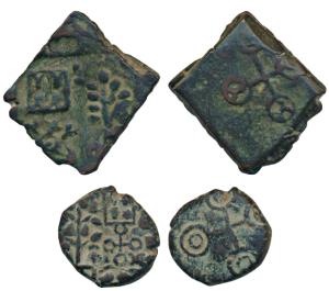 Ujjaini, Copper Unit (2), obv. tree in railing, four fishes in square box, six armed and U