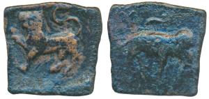 Ancient Chola, Sangam Age, Copper Square Unit, 2.56g, obv. elephant standing facing right,