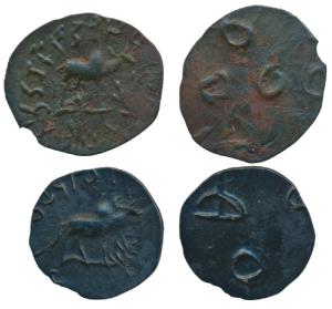 Satavahana Feudatories, Banavasi Region, Potin Unit (2), obv. bull standing facing right w