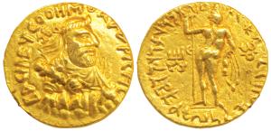 Kushanas, Vima Kadphises, Gold Dinar, 7.94g, obv. bust of the king facing right, wearing t