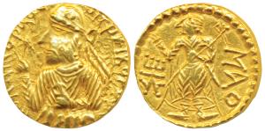Kushanas, Huvishka (152-190 AD), Gold Dinar, 7.88g, obv. diademed and crowned half- length