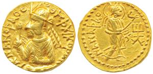 Kushanas, Huvishka, Gold Dinar, 7.89g, obv. diademed and crowned half- length bust of the 
