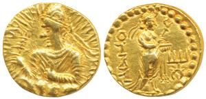 Kushanas, Huvishka, Gold Dinar, 8g, obv. nimbate, diademed and crowned half- length bust o
