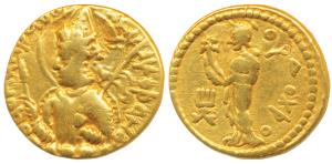 Kushanas, Huvishka, Gold Dinar, 7.80g, obv. nimbate, diademed and crowned bust of the king