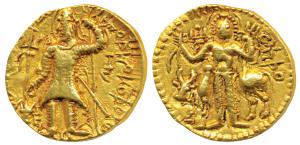 Kushanas, Vasudeva II, Gold Dinar, 7.9g, obv. king nimbate standing left, holding a triden