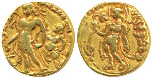 Guptas, Chandragupta II, Gold Dinar, 7.66g, ’Chhatra’ (Parasol) type, obv. king standing l