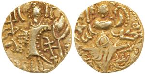 Kidara Kushanas (c. 4th century AD), Gold Dinar, 7.75g, obv. king standing right with trid