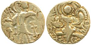 Kidara Kushanas, Anonymous (early 5th century AD), Base Gold Dinar, 7.87g, obv. king stand