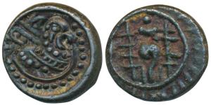 Post - Vakatakas, Shri Ram, Vishnukundin type, Copper base Alloy, 1.29g, obv. lion standin